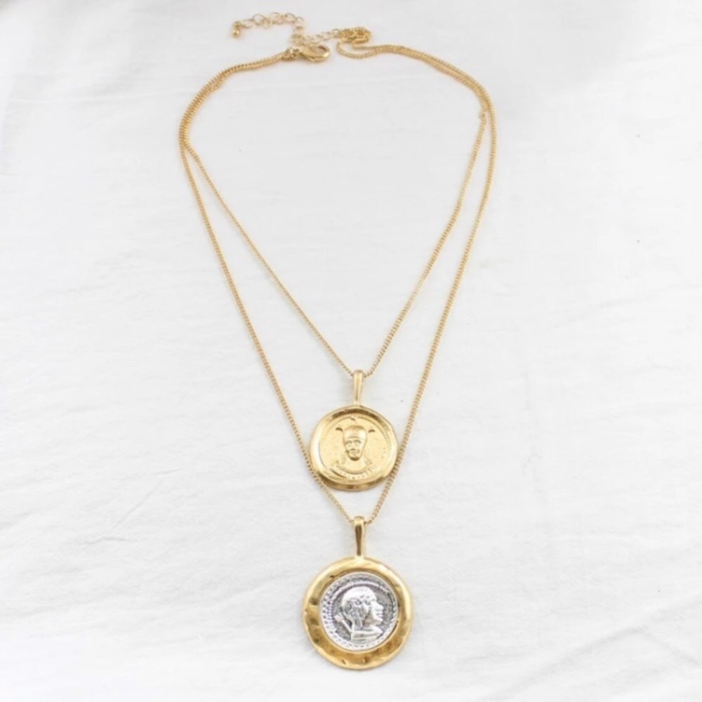 Coin Pendant Vintage Double Chain Layered Necklace - Picture 5 of 9
